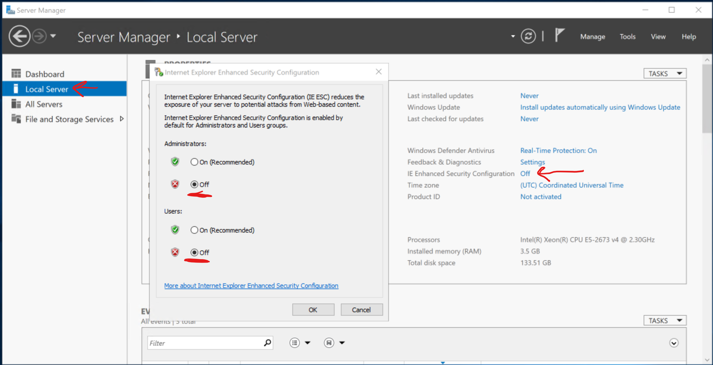 Image of Turning off IE Security Configuration